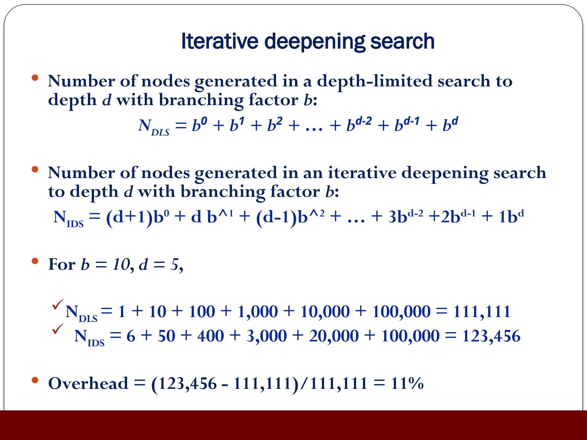 Iterative deepening search
 Number of nodes generated in a depth-limited search to
depth d with branching factor b:
NDLS = b0
+ b1
+ b2
+ … + bd-2
+ bd-1
+ bd
 Number of nodes generated in an iterative deepening search
to depth d with branching factor b:
NIDS = (d+1)b0
+ d b^1
+ (d-1)b^2
+ … + 3bd-2
+2bd-1
+ 1bd
 For b = 10, d = 5,
NDLS = 1 + 10 + 100 + 1,000 + 10,000 + 100,000 = 111,111
 NIDS = 6 + 50 + 400 + 3,000 + 20,000 + 100,000 = 123,456
 Overhead = (123,456 - 111,111)/111,111 = 11%
 