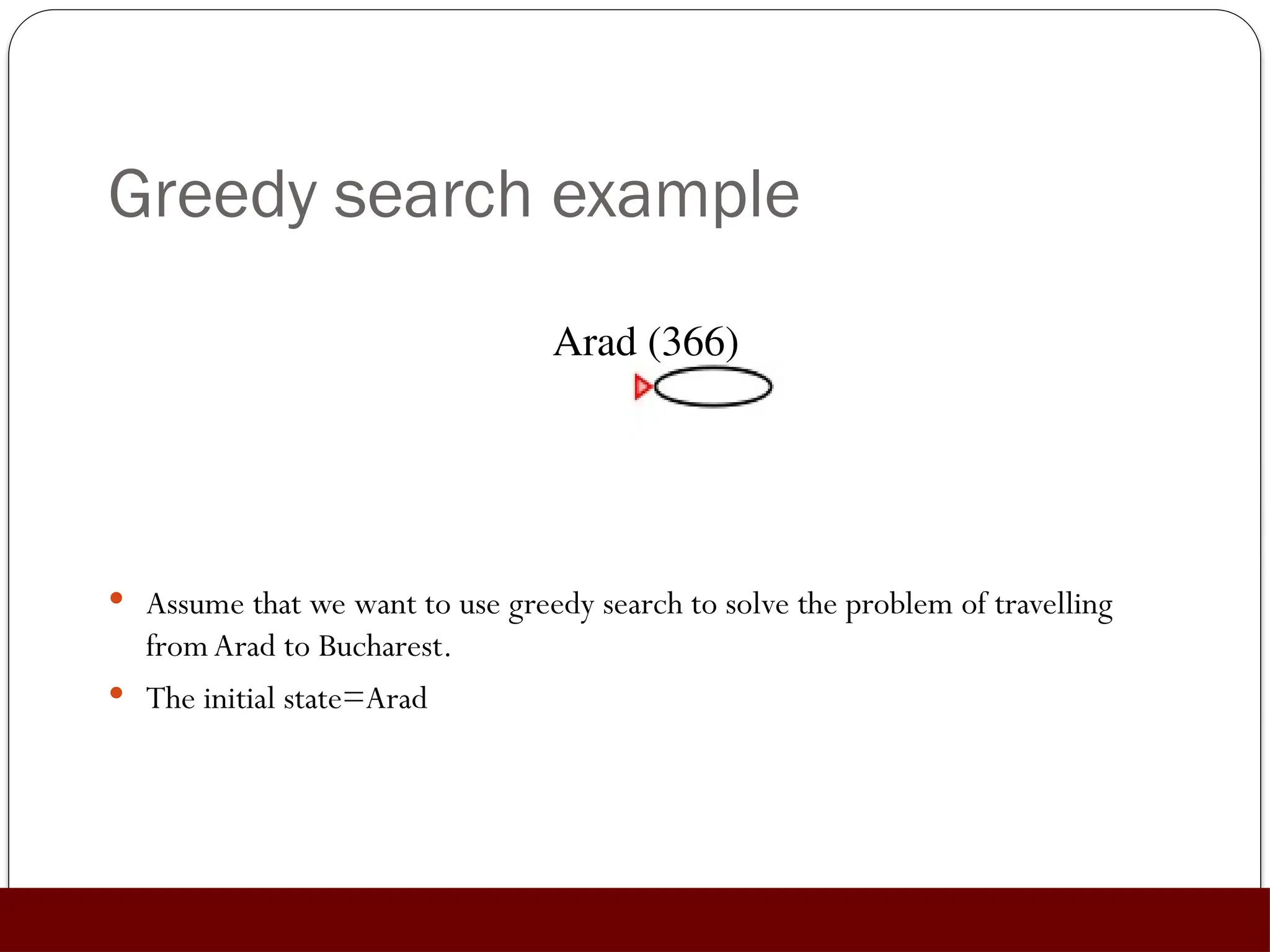 Greedy search example
 Assume that we want to use greedy search to solve the problem of travelling
fromArad to Bucharest.
 The initial state=Arad
Arad (366)
 