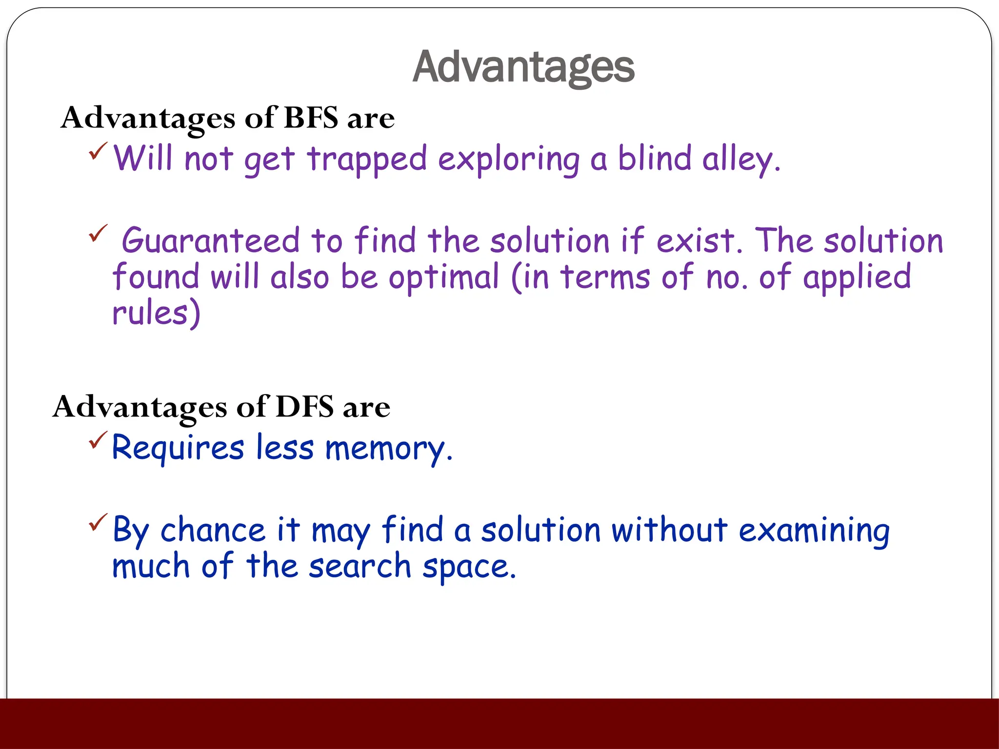 Advantages
Advantages of BFS are
Will not get trapped exploring a blind alley.
 Guaranteed to find the solution if exist. The solution
found will also be optimal (in terms of no. of applied
rules)
Advantages of DFS are
Requires less memory.
By chance it may find a solution without examining
much of the search space.
 