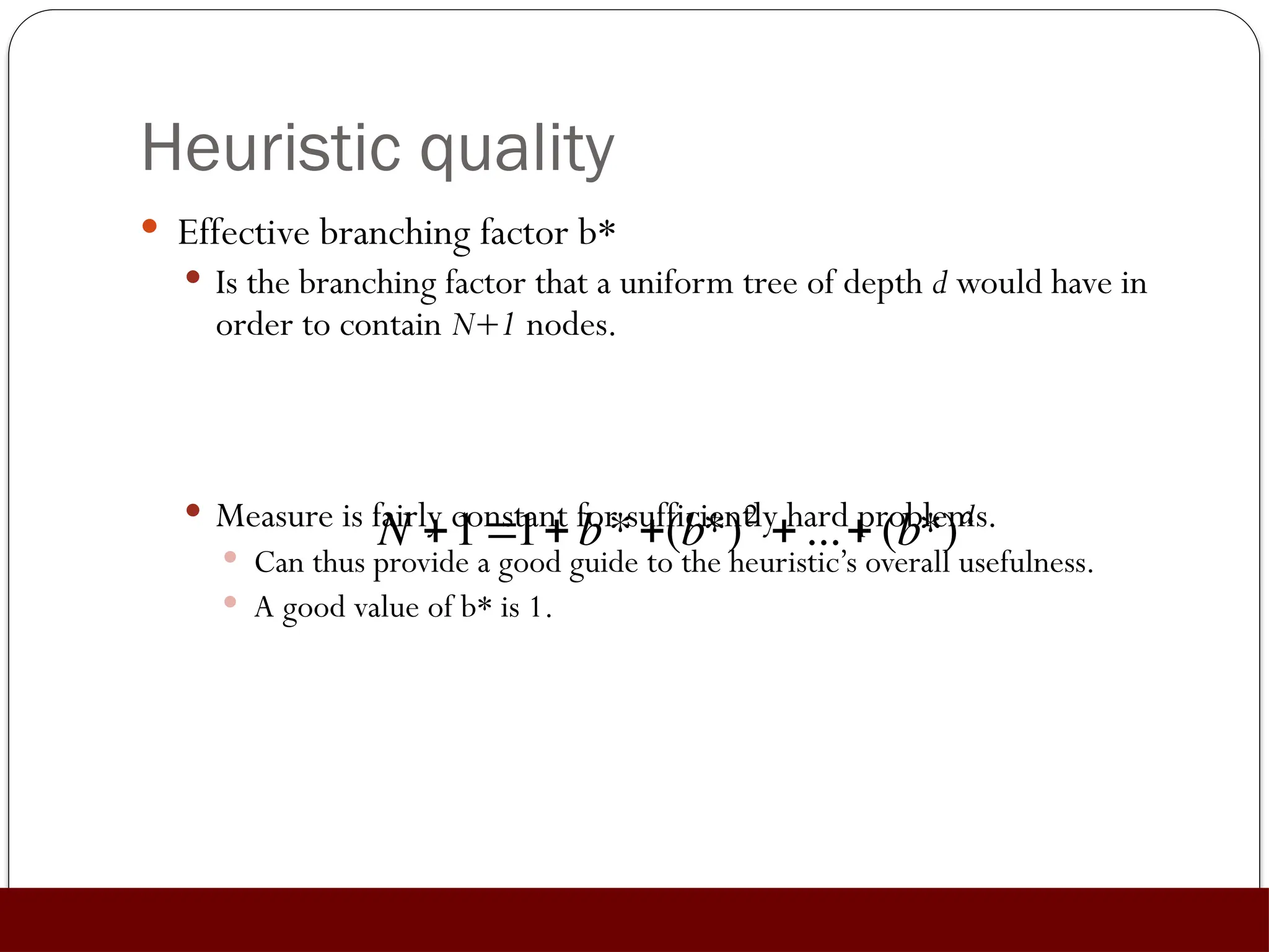Heuristic quality
 Effective branching factor b*
 Is the branching factor that a uniform tree of depth d would have in
order to contain N+1 nodes.
 Measure is fairly constant for sufficiently hard problems.
 Can thus provide a good guide to the heuristic’s overall usefulness.
 A good value of b* is 1.

N 11 b*(b*)2
 ... (b*)d
 