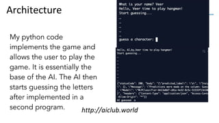 http://aiclub.world
Architecture
Draw a
picture that
shows how
your app and
your AI
interact?
 