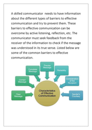 A skilled communicator needs to have information
about the different types of barriers to effective
communication and try to prevent them. These
barriers to effective communication can be
overcome by active listening, reflection, etc. The
communicator must seek feedback from the
receiver of the information to check if the message
was understood in its true sense. Listed below are
some of the common barriers to effective
communication.
 