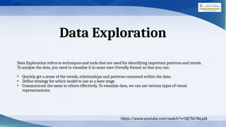 Data Exploration
Data Exploration refers to techniques and tools that are used for identifying important patterns and trends.
To analyse the data, you need to visualise it in some user-friendly format so that you can:
• Quickly get a sense of the trends, relationships and patterns contained within the data.
• Define strategy for which model to use at a later stage.
• Communicate the same to others effectively. To visualise data, we can use various types of visual
representations.
https://www.youtube.com/watch?v=QE7bC9kLptk
 