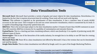 Data Visualisation Tools
Microsoft Excel: Microsoft Excel provides a variety of graphs and smart objects for data visualisations. Nevertheless, it is
limited by the fact that it requires structured data for working. These tools will not work with big data
Tableau: This software is regarded as the grandmaster of data visualisation. It has a customer base of nearly 60,000
accounts on the last count. This is simple to use and can create interactive visualisation, which is unmatched by its rivals. It
is capable of handling large, frequently updated data sets.
QlikView: This is the second major player in the data visualisation market. It boasts of more than 40,000 customers in more
than 100 countries. QlikView is known for its capability of customisation and extensive features.
FusionCharts: This is a charting and data visualising software, which uses JavaScript. It is capable of producing nearly 100
different types of charts.
Datawrapper: This is one of the favourites of the media industry. Its strength lies in its ability to use CSV data for creating
charts and maps.
Microsoft Power Bl: Power BI is a data visualisation tool offered by Microsoft. It has a free version that can be downloaded
and used by anyone.
Google Data Studio: This is a data visualisation tool offered by Google, and it is a part of the Google Marketing Platform.
https://www.youtube.com/watch?v=MiiANxRHSv4
https://www.youtube.com/watch?v=YaGqOPxHFkc
 