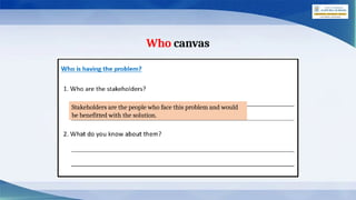 Who canvas
Stakeholders are the people who face this problem and would
be benefitted with the solution.
 