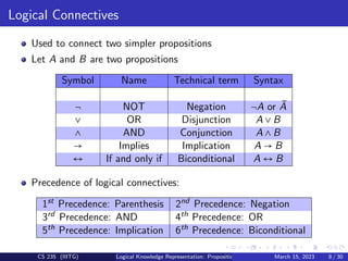 Logical Connectives
Used to connect two simpler propositions
Let A and B are two propositions
Symbol Name Technical term Syntax
¬ NOT Negation ¬A or Ā
∨ OR Disjunction A ∨ B
∧ AND Conjunction A ∧ B
→ Implies Implication A → B
↔ If and only if Biconditional A ↔ B
Precedence of logical connectives:
1st
Precedence: Parenthesis 2nd
Precedence: Negation
3rd
Precedence: AND 4th
Precedence: OR
5th
Precedence: Implication 6th
Precedence: Biconditional
CS 235 (IIITG) Logical Knowledge Representation: Propositional Logic March 15, 2023 8 / 30
 