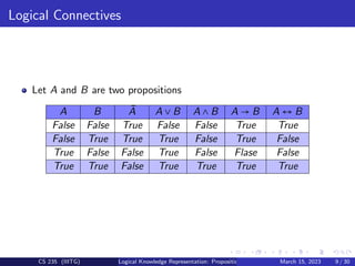 Logical Connectives
Let A and B are two propositions
A B Ā A ∨ B A ∧ B A → B A ↔ B
False False True False False True True
False True True True False True False
True False False True False Flase False
True True False True True True True
CS 235 (IIITG) Logical Knowledge Representation: Propositional Logic March 15, 2023 9 / 30
 