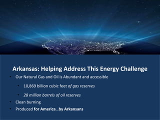 Arkansas: Helping Address This Energy Challenge Our Natural Gas and Oil is Abundant and accessible 10,869 billion cubic feet  of gas reserves 28 million barrels of oil reserves Clean burning Produced  for America … by Arkansans 