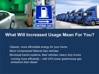 The Energy of Employment Cleaner, more affordable energy for your home More Compressed Natural Gas vehicles Municipal transit systems, fleet vehicles, heavy duty trucks  running more efficiently – with 23% lower greenhouse gas  emissions than diesel What Will Increased Usage Mean For You? 
