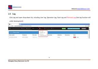 Website:www.ledxixun.com
Shanghai Xixun Electronic Co.LTD
36
2.5 Log
Click Log and open drop-down list, including User log, Operation Log, Fault Log and Terminal Log (last log function still
under development).
 