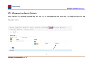 Website:www.ledxixun.com
Shanghai Xixun Electronic Co.LTD
89
3.7.2 Change volume by schedule task
Select the card ID in advance and click Task, add new task or modify existing task. After send can check control result. See
pictures in below:
 