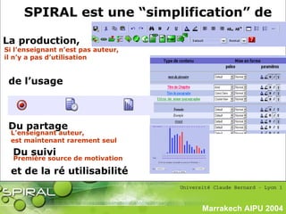 SPIRAL est une “simplification” de
et de la ré utilisabilité
La production,
de l’usage
Du partage
Marrakech AIPU 2004
Du suivi
Si l’enseignant n’est pas auteur,
il n’y a pas d’utilisation
L’enseignant auteur,
est maintenant rarement seul
Première source de motivation
 