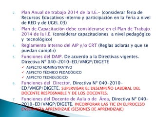 2. Plan Anual de trabajo 2014 de la I.E.- (considerar feria de
Recursos Educativos interno y participación en la Feria a nivel
de RED y de UGEL 03)
3. Plan de Capacitación debe considerarse en el Plan de Trabajo
2014 de la I.E. (considerar capacitaciones a nivel pedagógico
y tecnológico)
4. Reglamento Interno del AIP y/o CRT (Reglas aclaras y que se
puedan cumplir)
5. Funciones del DAIP. De acuerdo a la Directivas vigentes.
Directiva Nº 040-2010-ED/VMGP/DIGETE
 ASPECTO ADMINISTRATIVO
 ASPECTO TÉCNICO PEDAGÓGICO
 ASPECTO TECNOLOGICO
6. Funciones del Director. Directiva Nº 040-2010-
ED/VMGP/DIGETE. SUPERVISAR EL DESEMPEÑO LABORAL DEL
DOCENTE RESPOSNABLE Y DE LOS DOCENTES.
7. Funciones del Docente de Aula o de Área, Directiva Nº 040-
2010-ED/VMGP/DIGETE. INCORPORAR LAS TIC EN ELPROCESO
ENSEÑANZA APRENDIZAJE (SESIONES DE APRENDIZAJE)
 