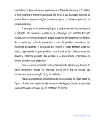 essencial e de águas de rosas, predominam a Rosa damascena e a R. gallica.
O óleo essencial é extraído das pétalas das flores e sua qualidade depende de
muitos fatores, como condições de cultura, época da colheita e processo de
extração do óleo.
       A principal técnica de extração para a obtenção da essência de rosas é
a extração por solventes, apesar de a enfleurage (ver adiante) ter sido
utilizada durante muito tempo em países europeus, principalmente na França.
Na extração por solvente predomina o éter de petróleo na maioria das
indústrias produtoras. A destilação por arraste a vapor também pode ser
usada, dependendo do país produtor, mas há de se ter cuidados especiais
devido à natureza delicada das pétalas, e o aquecimento empregado na
técnica também pode prejudicar.
       Essa essência apresenta custo extremamente elevado em função do
baixo rendimento obtido na extração. Cerca de 6 Kg de pétalas são
necessários para a obtenção de 1g de essência.
       Alguns componentes importantes do óleo essencial de rosas estão na
Figura 12, dentre os quais os três derivados da degradação de carotenoides
(damascenonas e ionona), que se destacam do aroma.




                                                           Química no Cotidiano | 51
 