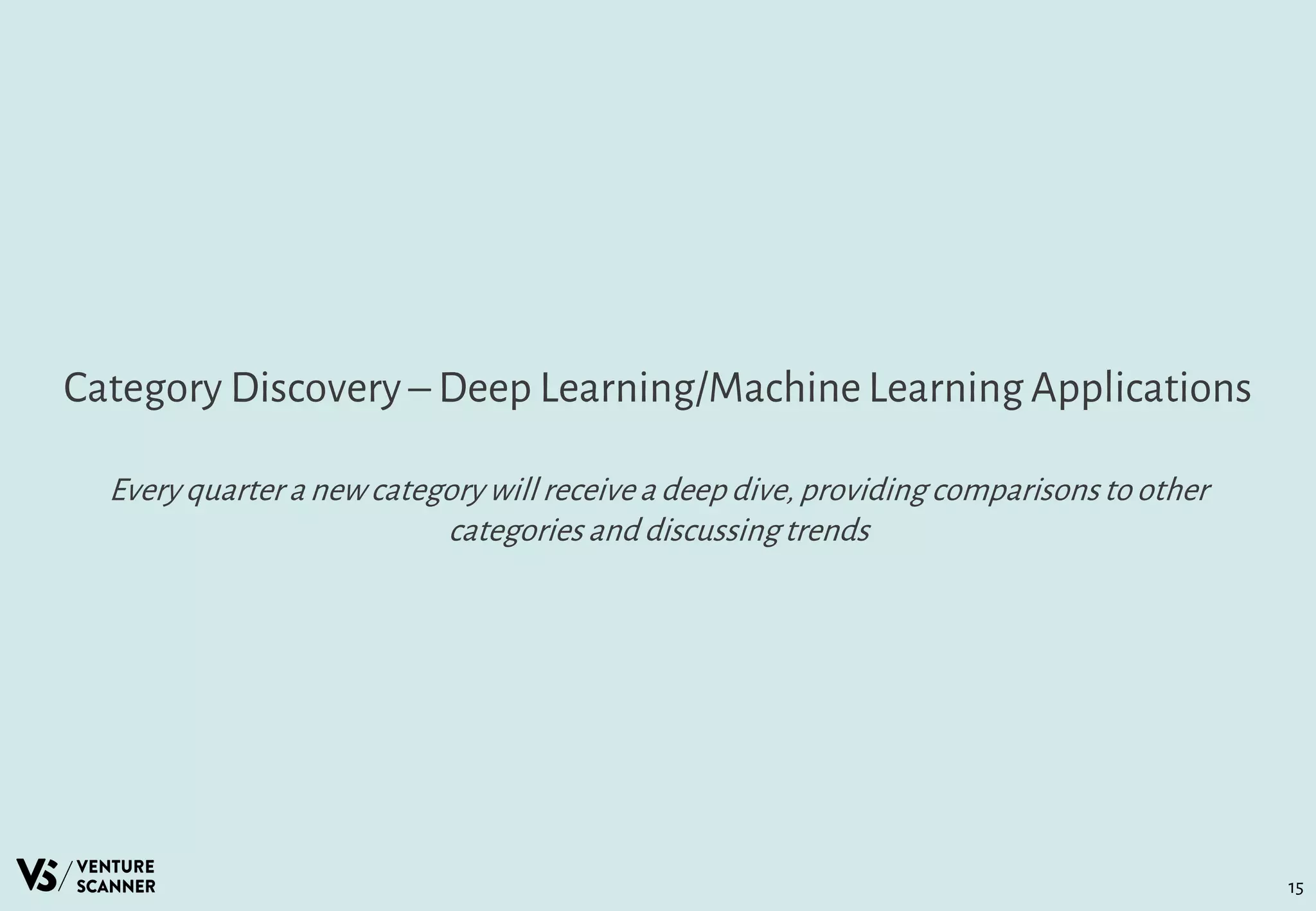 Category Discovery – Deep Learning/Machine Learning Applications
Every quarter a newcategory will receivea deep dive,providing comparisonsto other
categories and discussingtrends
15
 