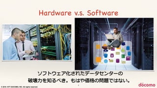© 2016 NTT DOCOMO, INC. All rights reserved.
ソフトウェア化されたデータセンターの  
破壊⼒力力を知るべき。もはや価格の問題ではない。
4
Hardware v.s. Software
 