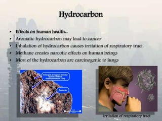 Hydrocarbon
• Effects on human health:-
• Aromatic hydrocarbon may lead to cancer
• Inhalation of hydrocarbon causes irritation of respiratory tract.
• Methane creates narcotic effects on human beings
• Most of the hydrocarbon are carcinogenic to lungs
irritation of respiratory tract
 