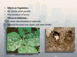 • Effects on Vegetation:-
• HC affects plant growth
• Discoloration of leaves
• Effects on Materials:-
• It causes discoloration of materials
• Material becomes less elastic and more brittle.
Discoloration of leaves
 