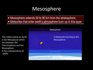 Mesosphere
Has a very cold
temperature.
A Meteorite burning in the
Mesosphere.
The coldest place on Earth
is the Mesopause which
lies between the
Thermosphere and the
Mesosphere.
It has a temperature of
-100ºc
 