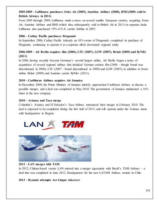 173
2005-2009 – Lufthansa purchases Swiss Air (2005), Austrian Airlines (2008), BMI (2009, sold to
British Airways in 2011)
From 2005 through 2009, Lufthansa made a move on several smaller European carriers, acquiring Swiss
Air, Austrian Airlines and BMI (which they subsequently sold to British Air in 2011) in separate deals.
Lufthansa also purchased 19% of U.S. carrier Jetblue in 2007.
2006 – Cathay Pacific purchases Dragonair
In September 2006, Cathay Pacific (already an 18% owner of Dragonair) completed its purchase of
Dragonair, continuing to operate it as a separate albeit downsized regional entity.
2006-2009 – Air Berlin acquires dba (2006), LTU (2007), LGW (2007), Belair (2009) and flyNiki
(2011)
In 2006, having recently become Germany’s second largest airline, Air Berlin began a series of
acquisition of several regional airlines that included German carriers dba (2006 – though brand was
discontinued in 2008), LTU (2007 – brand discontinued in 2009) and LGW (2007), in addition to Swiss
airline Belair (2009) and Austrian carrier flyNiki (2011).
2010 – Caribbean Airlines acquires Air Jamaica
In December 2009, the Prime Minister of Jamaica initially approached Caribbean Airlines to discuss a
possible merger, and a deal was completed in May 2010. The government of Jamaica maintained a 16%
share in the new company.
2010 – Avianca and Taca merge
Columbia’s Avianca and El Salvador’s Taca Airlines announced their merger in February 2010. The
deal is expected to be completed during the first half of 2013, and will operate under the Avianca name
with headquarters in Bogota.
2012 – LAN merges with TAM
In 2012, Chilean-based carrier LAN entered into a merger agreement with Brazil’s TAM Airlines – a
deal that was completed in June 2012. Headquarters for the new LATAM Airlines remain in Chile.
2013 – Ryanair attempts Aer Lingus takeover
 