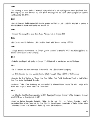 23
2003
The company re-issued 1895348 forfeited equity shares of Rs 10 each at par on private placement basis.
The company has been informed by Delhi Stock Exchange that the shares of the company are delisted
wef December 10, 2003.
2005
-SpiceJet launches Delhi-Ahmedabad-Mumbai service on May 24, 2005. SpiceJet launches its six-day a
week services to Jammu and Srinaga on Nov 11, 05
2005
-Company has changed its name from Royal Airways Ltd. to Spicejet Ltd.
2006
-SpiceJet ties up with Indiatimes .SpiceJet joins hands with Nomura on Aug 15,2006
2007
-Spicejet Ltd has informed that Mr. Osman Qureshi (nominee of Istithmar PJSC) has been appointed as
director on the Board of the Company.
2010
- SpiceJet stated that it will order 30 Boeing 737-800 aircraft to take its fleet size to 58 planes.
2011
-Mr. S. Sridharan has been appointed as the Whole Time Director of the Company
-Mr. R Neelakantan has been appointed as the Chief Financial Officer (CFO) of the Company
-Awarded for Best Website at ‘World Low Cost Airlines Asia Pacific Conference.Voted as India’s Best
Low Cost Airline by Outlook Traveller.
-Registered Office of the Company has been shifted To MurasoliMaran Towers, 73, MRC Nagar Main
Road, MRC Nagar, Chennai - 600028, Tamil Nadu.
2012
-Mr. Chandan Sand has been appointed as GM (Legal) & Company Secretary of the Company. SpiceJet
gets DGFT nod to direct import of ATF
-Voted as India’s Favourite Domestic Airline for the year 2012 by Outlook Traveller . India’s
International Low Cost Carrier of the Year 2012 by Travel Agents Association of India -India’s Most
Outstanding Airline LCC-Domestic Award, by Travel and Hospitality.
 