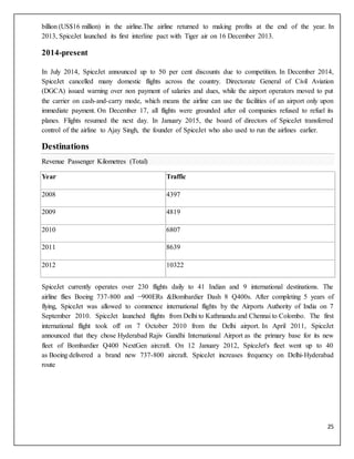 25
billion (US$16 million) in the airline.The airline returned to making profits at the end of the year. In
2013, SpiceJet launched its first interline pact with Tiger air on 16 December 2013.
2014-present
In July 2014, SpiceJet announced up to 50 per cent discounts due to competition. In December 2014,
SpiceJet cancelled many domestic flights across the country. Directorate General of Civil Aviation
(DGCA) issued warning over non payment of salaries and dues, while the airport operators moved to put
the carrier on cash-and-carry mode, which means the airline can use the facilities of an airport only upon
immediate payment. On December 17, all flights were grounded after oil companies refused to refuel its
planes. Flights resumed the next day. In January 2015, the board of directors of SpiceJet transferred
control of the airline to Ajay Singh, the founder of SpiceJet who also used to run the airlines earlier.
Destinations
Revenue Passenger Kilometres (Total)
Year Traffic
2008 4397
2009 4819
2010 6807
2011 8639
2012 10322
SpiceJet currently operates over 230 flights daily to 41 Indian and 9 international destinations. The
airline flies Boeing 737-800 and −900ERs &Bombardier Dash 8 Q400s. After completing 5 years of
flying, SpiceJet was allowed to commence international flights by the Airports Authority of India on 7
September 2010. SpiceJet launched flights from Delhi to Kathmandu and Chennai to Colombo. The first
international flight took off on 7 October 2010 from the Delhi airport. In April 2011, SpiceJet
announced that they chose Hyderabad Rajiv Gandhi International Airport as the primary base for its new
fleet of Bombardier Q400 NextGen aircraft. On 12 January 2012, SpiceJet's fleet went up to 40
as Boeing delivered a brand new 737-800 aircraft. SpiceJet increases frequency on Delhi-Hyderabad
route
 