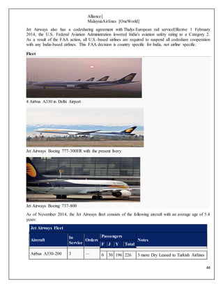 44
Alliance]
MalaysiaAirlines [OneWorld]
Jet Airways also has a codesharing agreement with Thalys European rail serviceEffective 1 February
2014, the U.S. Federal Aviation Administration lowered India's aviation safety rating to a Category 2.
As a result of the FAA action, all U.S.-based airlines are required to suspend all codeshare cooperation
with any India-based airlines. This FAA decision is country specific for India, not airline specific.
Fleet
4 Airbus A330 in Delhi Airport
Jet Airways Boeing 777-300ER with the present livery
Jet Airways Boeing 737-800
As of November 2014, the Jet Airways fleet consists of the following aircraft with an average age of 5.4
years:
Jet Airways Fleet
Aircraft
In
Service
Orders
Passengers
Notes
F J Y Total
Airbus A330-200 3 — 0 30 196 226 3 more Dry Leased to Turkish Airlines
 