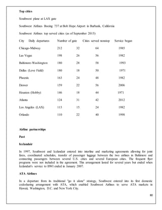 80
Top cities
Southwest plane at LAX gate
Southwest Airlines Boeing 737 at Bob Hope Airport in Burbank, California
Southwest Airlines top served cities (as of September 2015)
City Daily departures Number of gate Cities served nonstop Service began
Chicago-Midway 212 32 64 1985
Las Vegas 198 26 56 1982
Baltimore-Washington 180 28 58 1993
Dallas (Love Field) 180 18 50 1971
Phoenix 163 24 48 1982
Denver 159 22 56 2006
Houston (Hobby) 146 18 44 1971
Atlanta 124 31 42 2012
Los Angeles (LAX) 113 15 24 1982
Orlando 110 22 40 1998
Airline partnerships
Past
Icelandair
In 1997, Southwest and Icelandair entered into interline and marketing agreements allowing for joint
fares, coordinated schedules, transfer of passenger luggage between the two airlines in Baltimore and
connecting passengers between several U.S. cities and several European cities. The frequent flyer
programs were not included in the agreement. This arrangement lasted for several years but ended when
Icelandair's service to BWI ended in January 2007.
ATA Airlines
In a departure from its traditional "go it alone" strategy, Southwest entered into its first domestic
codesharing arrangement with ATA, which enabled Southwest Airlines to serve ATA markets in
Hawaii, Washington, D.C. and New York City.
 
