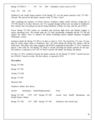 82
Boeing 737 MAX 8 — 170 191 TBA Scheduled to enter service in 2017
Total 675 250 228
Southwest is the world's largest operator of the Boeing 737, was the launch customer of the 737-300, -
500 and -700, and will be the launch customer of the 737 Max 7 and 8.
After completing the purchase of AirTran Airways, Southwest Airlines added AirTran's existing fleet of
737-700 aircraft to its fleet. However, the 717s acquired through AirTran were not added to Southwest's
fleet. Instead, they were phased out and are being transferred to Delta Air Lines until the end of 2015.
Newer Boeing 737-300 variants are retrofitted with electronic flight decks and blended winglets to
reduce operational costs. The retrofits make the 737-300s operationally compatible with the 737-700 and
support the airline's move to embrace the Global Positioning System enabled Required Navigation
Performance system.
Southwest added the Boeing 737-800 to its fleet on April 11, 2012. The aircraft has 175 seats, 38 more
than the former largest plane in Southwest's fleet. All -800s include the Boeing Sky Interior, with the
8300-series -800 planes also being equipped with ETOPS equipment.On December 13, 2011, Southwest
placed a firm order for 150 Boeing 737 MAX 8 aircraft, becoming the launch customer for the type.
First delivery is expected in 2017.All 737 MAX 8 aircraft will include the Boeing Sky Interior.
On May 15, 2013, Southwest became the launch customer for the Boeing 737 MAX 7 aircraft and now
has 30 MAX 7 aircraft on order. The first delivery is expected in 2019.
Fleet gallery
Boeing 737-800
Boeing 737-700
Boeing 737-300
Boeing 737-500
Historical fleet
Southwest Airlines fleet history
Aircraft Introduction Retired Replacement(s) Notes
Boeing 727–200 1979 1987 Boeing 737–200 Leased from Braniff International and
People Express Airlines
Boeing 737–200 1971 2005 Boeing 737–700 Southwest's first aircraft type
 