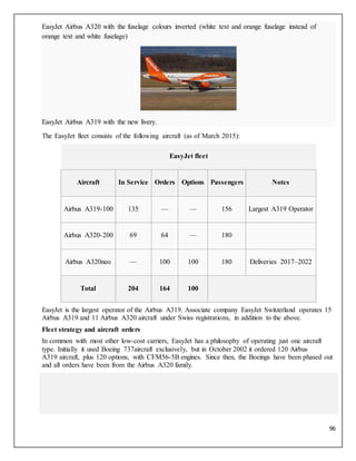 96
EasyJet Airbus A320 with the fuselage colours inverted (white text and orange fuselage instead of
orange text and white fuselage)
EasyJet Airbus A319 with the new livery.
The EasyJet fleet consists of the following aircraft (as of March 2015):
EasyJet fleet
Aircraft In Service Orders Options Passengers Notes
Airbus A319-100 135 — — 156 Largest A319 Operator
Airbus A320-200 69 64 — 180
Airbus A320neo — 100 100 180 Deliveries 2017–2022
Total 204 164 100
EasyJet is the largest operator of the Airbus A319. Associate company EasyJet Switzerland operates 15
Airbus A319 and 11 Airbus A320 aircraft under Swiss registrations, in addition to the above.
Fleet strategy and aircraft orders
In common with most other low-cost carriers, EasyJet has a philosophy of operating just one aircraft
type. Initially it used Boeing 737aircraft exclusively, but in October 2002 it ordered 120 Airbus
A319 aircraft, plus 120 options, with CFM56-5B engines. Since then, the Boeings have been phased out
and all orders have been from the Airbus A320 family.
 