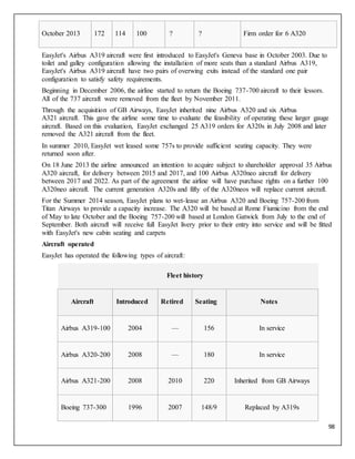 98
October 2013 172 114 100 ? ? Firm order for 6 A320
EasyJet's Airbus A319 aircraft were first introduced to EasyJet's Geneva base in October 2003. Due to
toilet and galley configuration allowing the installation of more seats than a standard Airbus A319,
EasyJet's Airbus A319 aircraft have two pairs of overwing exits instead of the standard one pair
configuration to satisfy safety requirements.
Beginning in December 2006, the airline started to return the Boeing 737-700 aircraft to their lessors.
All of the 737 aircraft were removed from the fleet by November 2011.
Through the acquisition of GB Airways, EasyJet inherited nine Airbus A320 and six Airbus
A321 aircraft. This gave the airline some time to evaluate the feasibility of operating these larger gauge
aircraft. Based on this evaluation, EasyJet exchanged 25 A319 orders for A320s in July 2008 and later
removed the A321 aircraft from the fleet.
In summer 2010, EasyJet wet leased some 757s to provide sufficient seating capacity. They were
returned soon after.
On 18 June 2013 the airline announced an intention to acquire subject to shareholder approval 35 Airbus
A320 aircraft, for delivery between 2015 and 2017, and 100 Airbus A320neo aircraft for delivery
between 2017 and 2022. As part of the agreement the airline will have purchase rights on a further 100
A320neo aircraft. The current generation A320s and fifty of the A320neos will replace current aircraft.
For the Summer 2014 season, EasyJet plans to wet-lease an Airbus A320 and Boeing 757-200 from
Titan Airways to provide a capacity increase. The A320 will be based at Rome Fiumicino from the end
of May to late October and the Boeing 757-200 will based at London Gatwick from July to the end of
September. Both aircraft will receive full EasyJet livery prior to their entry into service and will be fitted
with EasyJet's new cabin seating and carpets
Aircraft operated
EasyJet has operated the following types of aircraft:
Fleet history
Aircraft Introduced Retired Seating Notes
Airbus A319-100 2004 — 156 In service
Airbus A320-200 2008 — 180 In service
Airbus A321-200 2008 2010 220 Inherited from GB Airways
Boeing 737-300 1996 2007 148/9 Replaced by A319s
 
