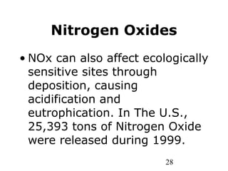 28
Nitrogen Oxides
• NOx can also affect ecologically
sensitive sites through
deposition, causing
acidification and
eutrophication. In The U.S.,
25,393 tons of Nitrogen Oxide
were released during 1999.
 