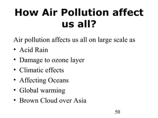 50
How Air Pollution affect
us all?
Air pollution affects us all on large scale as
• Acid Rain
• Damage to ozone layer
• Climatic effects
• Affecting Oceans
• Global warming
• Brown Cloud over Asia
 