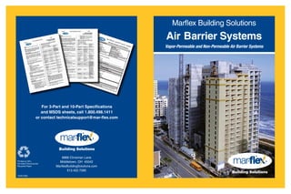 Marflex Building Solutions
                                                            Air Barrier Systems
                                                            Vapor-Permeable and Non-Permeable Air Barrier Systems




                    For 3-Part and 10-Part Specifications
                    and MSDS sheets, call 1.800.498.1411
                 or contact technicalsupport@mar-flex.com




                            Building Solutions

                              6866 Chrisman Lane
Printed on 50%
De-Inked Preconsumer
                            Middletown, OH 45042
Recycled Paper            MarflexBuildingSolutions.com
                                 513.422.7285
                                                                                                Building Solutions
10/09 5000
 