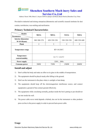 Shenzhen Southern Mach inery Sales and
Service Co.,Ltd
Address: Room 1806, Block 3, Jinyun COFCO, Qianjin 2nd Road ,Baoan District,Shenzhen City, China
Shenzhen Southern Machinery Sales And Service Co.,Ltd www.smthelp.com2
Provided to industrial and mining enterprises,laboratories and scientific research institutes for desi
ccation, torrefaction, wax-melting and sterilization.
Primary Technical Characteristics
Models
Parameters
9023A 9053A 9123A 9203A
Interior dimension:
W×D×H(mm)
300×300×270 420×350×350 550×350×550 600×550×600
Plank 2 2 2 2
Temperature range RT+10-250℃
Temperature
control/stability
0.1 ℃/±0.5℃
Power supply 220V、50Hz
Consume power 500W 750W 1500W 2000W
Install and adjust
1) Don't collide the body and make an effort on its glass in the middle of transportation.
2) The equipments should be placed steady after falling to the ground.
3) Don't use the instrument in the place where is sunlight or heat damp.
4) The equipments should keep off the electromagnetism interference source, and connect
equipments a ground of line connect ground effectively.
5) The equipments while circulating normally, product inside the box's putting to put should not
run into inside the wall.
6) The power cable never mind depends a behind, also not let the instrument or other products
press on-line in the power supply in order to prevent hurts power cable.
Usage
 