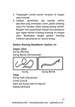 3. Tampunglah contoh-contoh tersebut di tempat
   yang terpisah
4. Lakukan identifikasi dan buatlah daftar
   specimen yang ditemukan. Catat jumlah binatang
   yang kita temukan dalam masing-masing contoh.
   Mungkin kita memerlukan sebuah kaca pembesar
   agar dapat melihat binatang-binatang itu dengan
   jelas. Bandingkan dengan gambar binatang
   indikator pencemaran air secara biologi.

Gambar Binatang Bioindikator Kualitas Air
Sangat Tahan
Cacing (Worms)
Cacing Merah (Chironomids)




          Cacing               Cacing Merah
Tahan
Cacing Pipih (Flatworms)
Lintah (Leech)
Siput dan kijing (snail & limpets)
Kupang (Bivalves)




                                                     34
khatulistiwa.info - moveindonesia.com - pplhselo.or.id
 
