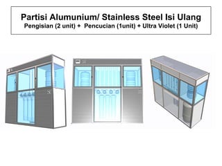 Partisi Alumunium/ Stainless Steel Isi Ulang
Pengisian (2 unit) + Pencucian (1unit) + Ultra Violet (1 Unit)
 