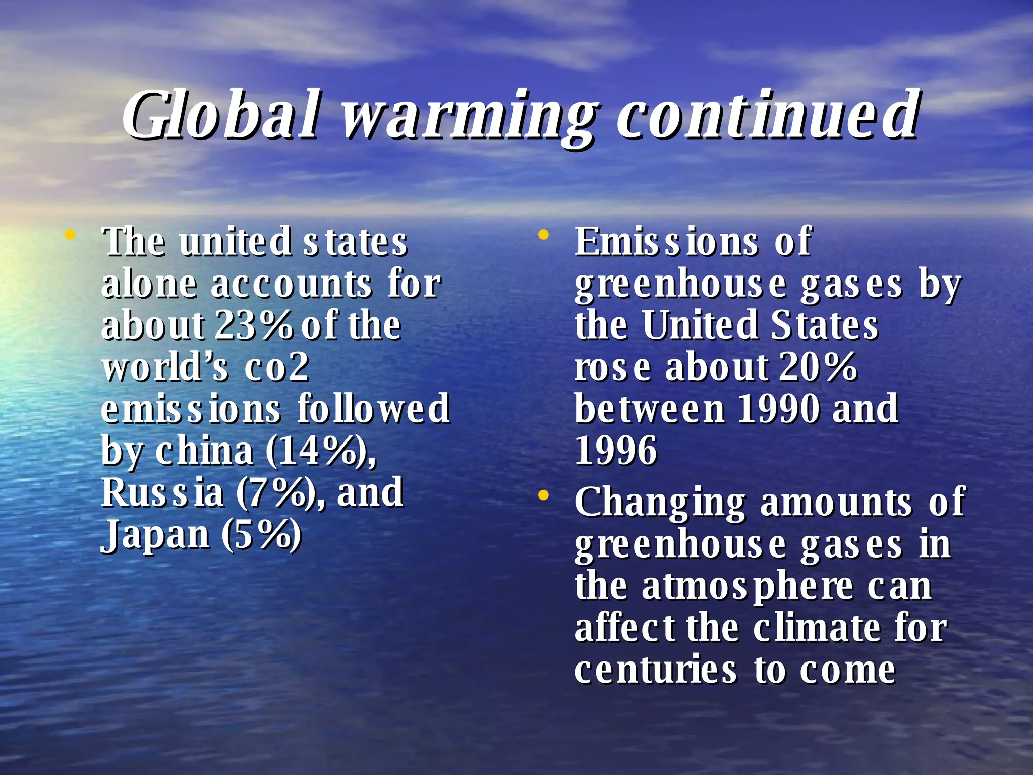 Global warming continued The united states alone accounts for about 23% of the world’s co2 emissions followed by china (14%), Russia (7%), and Japan (5%) Emissions of greenhouse gases by the United States rose about 20% between 1990 and 1996 Changing amounts of greenhouse gases in the atmosphere can affect the climate for centuries to come 