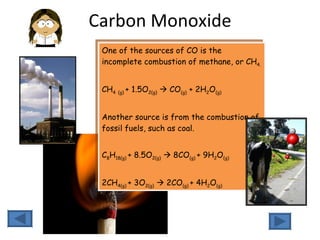 Carbon Monoxide One of the sources of CO is the incomplete combustion of methane, or CH 4. CH 4   (g)  + 1.5O 2(g)     CO (g)  + 2H 2 O (g) Another source is from the combustion of fossil fuels, such as coal. C 8 H 18(g)  + 8.5O 2(g)     8CO (g)  + 9H 2 O (g)  2CH 4(g)  + 3O 2(g)     2CO (g)  + 4H 2 O (g) 