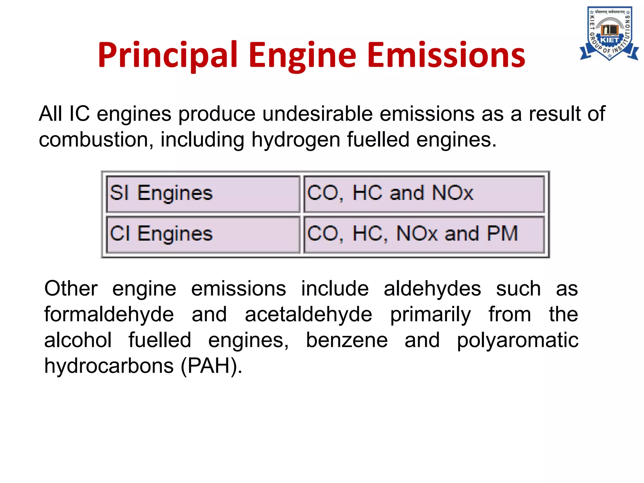 Principal Engine Emissions
All IC engines produce undesirable emissions as a result of
combustion, including hydrogen fuelled engines.
Other engine emissions include aldehydes such as
formaldehyde and acetaldehyde primarily from the
alcohol fuelled engines, benzene and polyaromatic
hydrocarbons (PAH).
 