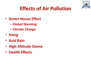 Effects of Air Pollution
• Green House Effect
– Global Warming
– Climate Change
• Smog
• Acid Rain
• High Altitude Ozone
• Health Effects
 