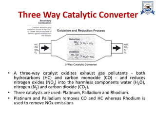Three Way Catalytic Converter
• A three-way catalyst oxidizes exhaust gas pollutants - both
hydrocarbons (HC) and carbon monoxide (CO) - and reduces
nitrogen oxides (NOx) into the harmless components water (H2O),
nitrogen (N2) and carbon dioxide (CO2).
• Three catalysts are used: Platinum, Palladium and Rhodium.
• Platinum and Palladium removes CO and HC whereas Rhodium is
used to remove NOx emissions
 