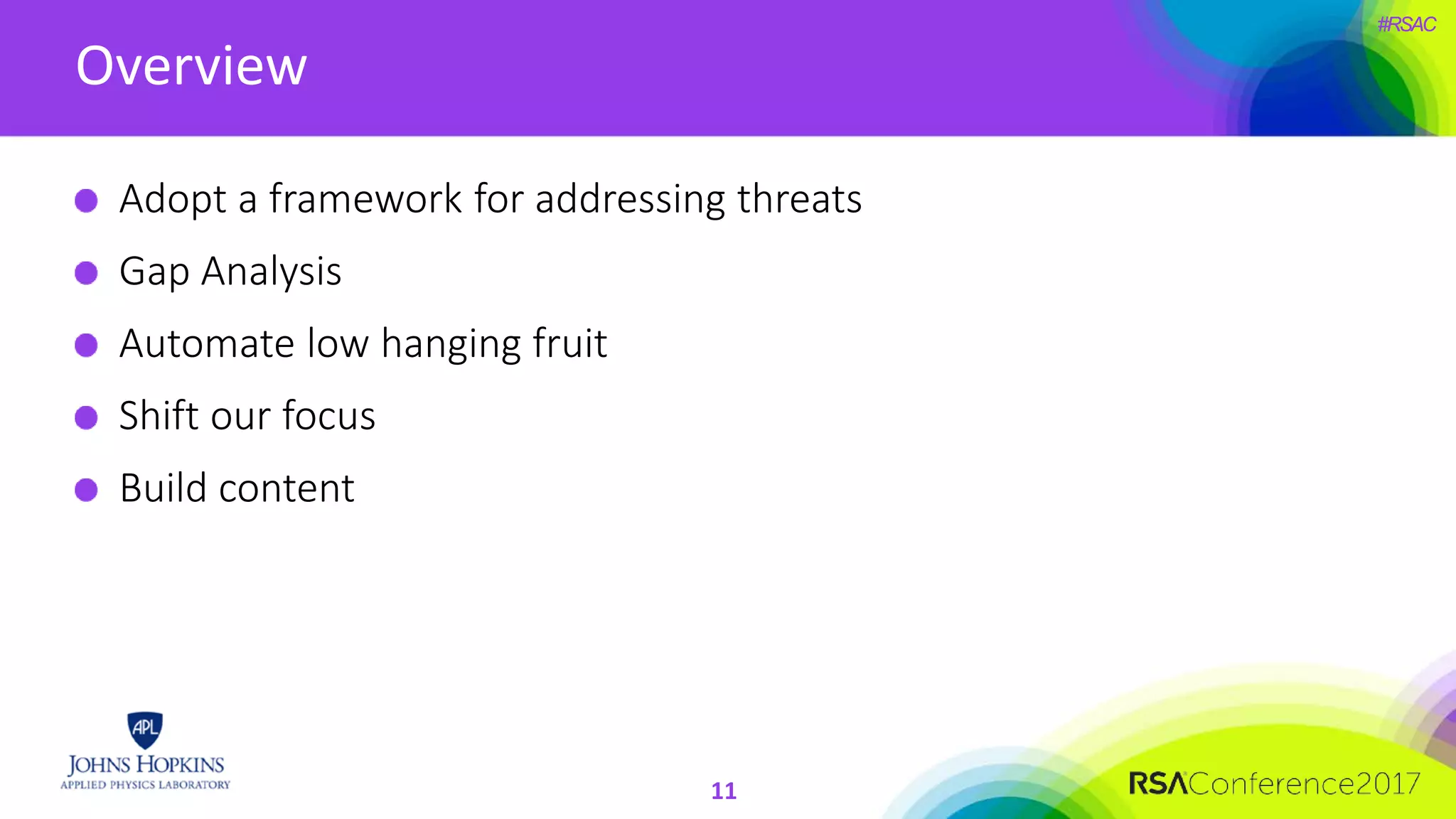 #RSAC
Overview
11
Adopt a framework for addressing threats
Gap Analysis
Automate low hanging fruit
Shift our focus
Build content
 