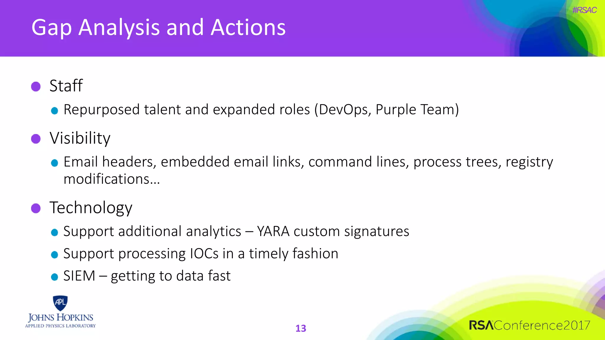 #RSAC
Gap Analysis and Actions
13
Staff
Repurposed talent and expanded roles (DevOps, Purple Team)
Visibility
Email headers, embedded email links, command lines, process trees, registry
modifications…
Technology
Support additional analytics – YARA custom signatures
Support processing IOCs in a timely fashion
SIEM – getting to data fast
 