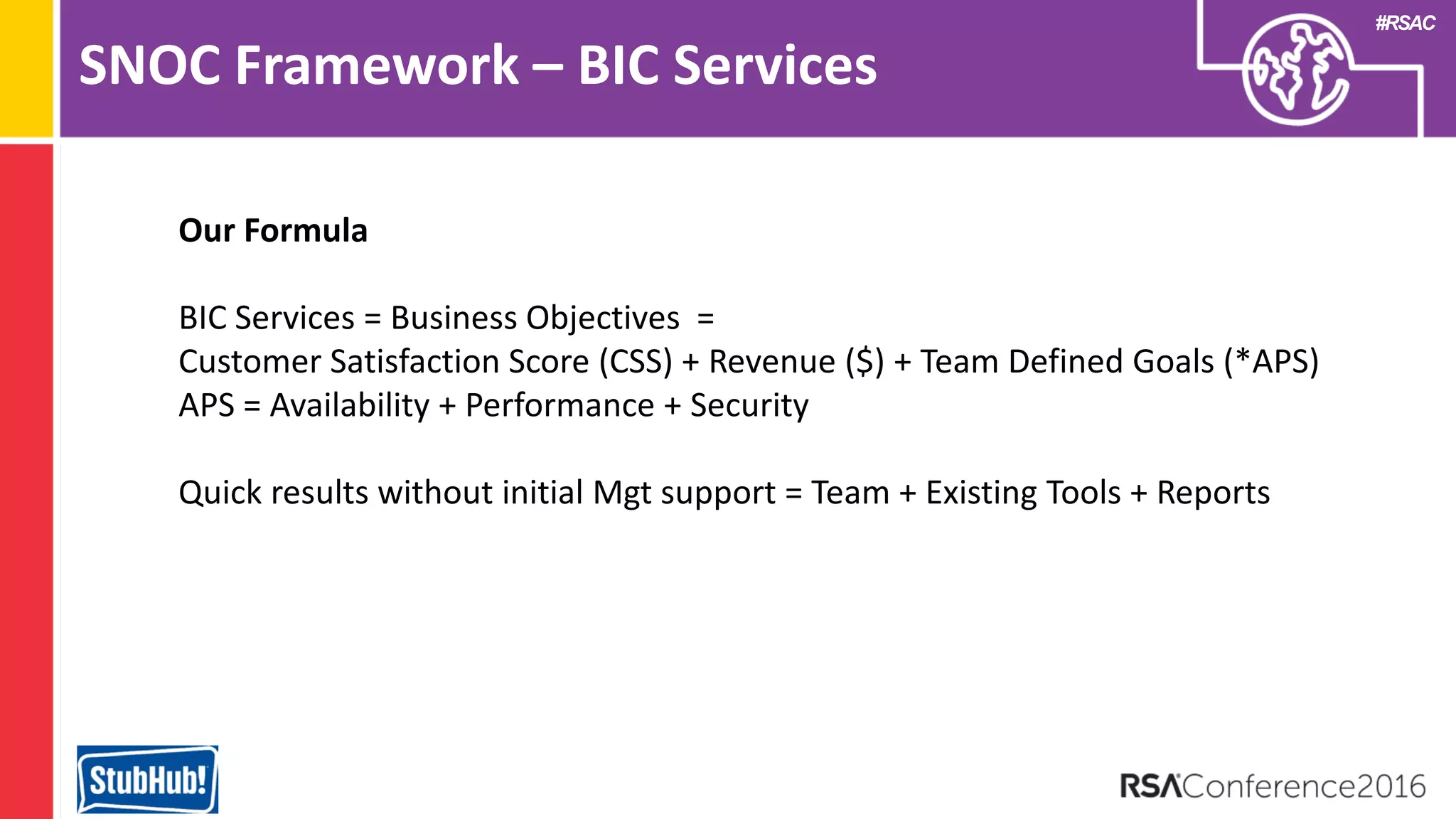 #RSAC
SNOC Framework – BIC Services
Our Formula
BIC Services = Business Objectives =
Customer Satisfaction Score (CSS) + Revenue ($) + Team Defined Goals (*APS)
APS = Availability + Performance + Security
Quick results without initial Mgt support = Team + Existing Tools + Reports
 