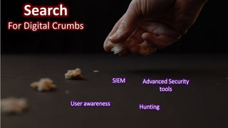 Search
For Digital Crumbs
SIEM Advanced Security
tools
Hunting
User awareness
 
