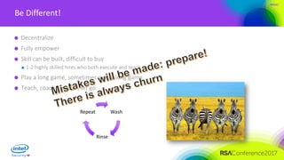 #RSAC
Be Different!
Decentralize
Fully empower
Skill can be built, difficult to buy
1-2 highly skilled hires who both execute and teach
Play a long game, sometimes a very long game
Teach, coach, mentor, let go
Wash
Rinse
Repeat
 