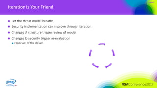 #RSAC
Iteration Is Your Friend
Let the threat model breathe
Security implementation can improve through iteration
Changes of structure trigger review of model
Changes to security trigger re-evaluation
Especially of the design
 