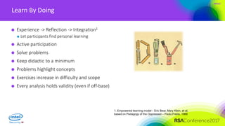 #RSAC
Learn By Doing
Experience -> Reflection -> Integration1
Let participants find personal learning
Active participation
Solve problems
Keep didactic to a minimum
Problems highlight concepts
Exercises increase in difficulty and scope
Every analysis holds validity (even if off-base)
1. Empowered learning model – Eric Bear, Mary Klein, et al,
based on Pedagogy of the Oppressed – Paulo Freire, 1968
 