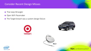 #RSAC
Consider Recent Design Misses
That Jeep Wrangler
Open WiFi Pacemaker
The Target breach was a system design failure
 